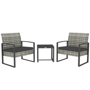 Salon de jardin 2 places 3 pièces 2 chaises avec coussins + table basse plateau verre trempé résine tressée 4 fils imitation rotin gris clair