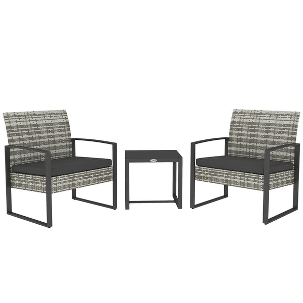 Salon de jardin 2 places 3 pièces 2 chaises avec coussins + table basse plateau verre trempé résine tressée 4 fils imitation rotin gris clair