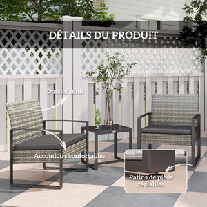 Salon de jardin 2 places 3 pièces 2 chaises avec coussins + table basse plateau verre trempé résine tressée 4 fils imitation rotin gris clair
