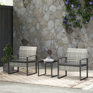 Salon de jardin 2 places 3 pièces 2 chaises avec coussins + table basse plateau verre trempé résine tressée 4 fils imitation rotin gris clair