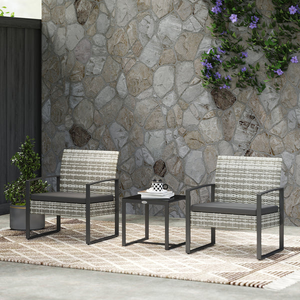 Salon de jardin 2 places 3 pièces 2 chaises avec coussins + table basse plateau verre trempé résine tressée 4 fils imitation rotin gris clair