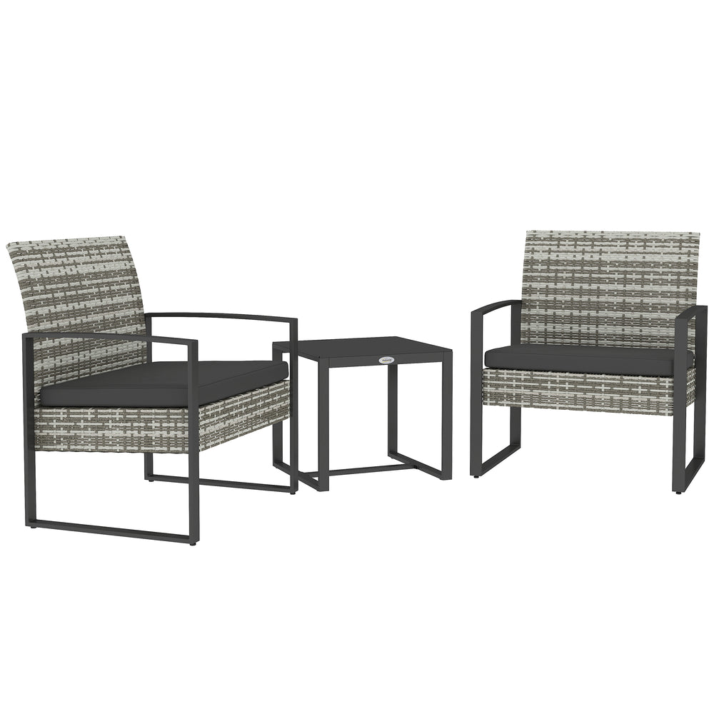 Salon de jardin 2 places 3 pièces 2 chaises avec coussins + table basse plateau verre trempé résine tressée 4 fils imitation rotin gris clair