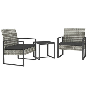 Salon de jardin 2 places 3 pièces 2 chaises avec coussins + table basse plateau verre trempé résine tressée 4 fils imitation rotin gris clair