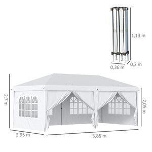 Tonnelle de jardin pliante 6 x 3 m tonnelle de jardin extérieure barnum pliant pop-up imperméabilisé 4 parois latérales amovibles 4 fenêtres + sac de transport blanc