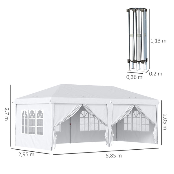 Tonnelle de jardin pliante 6 x 3 m tonnelle de jardin extérieure barnum pliant pop-up imperméabilisé 4 parois latérales amovibles 4 fenêtres + sac de transport blanc