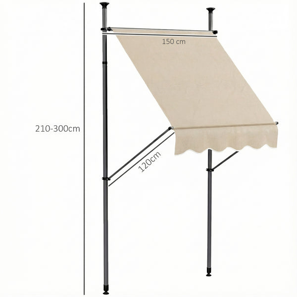 Store banne autoportant manuel auvent rétractable 1,5L x 1,2l x 2,1-3H m inclinaison réglable pour balcon sans trous à percer métal alu polyester sable
