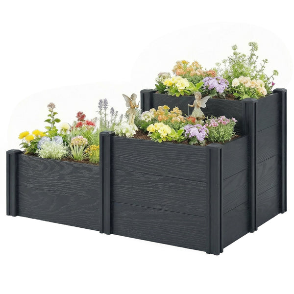 Jardinière surélevée, lit de jardin à 3 niveaux avec fond ouvert, carré potager de jardin pour fleurs, herbes, légumes, 120 x 80 x 64 cm, effet bois gris