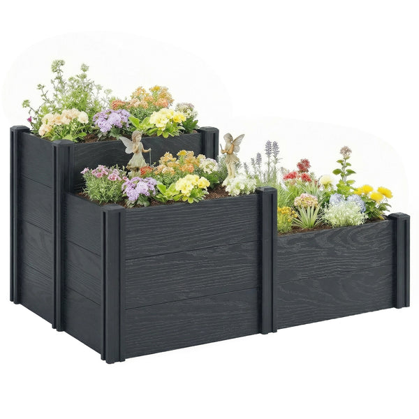 Jardinière surélevée, lit de jardin à 3 niveaux avec fond ouvert, carré potager de jardin pour fleurs, herbes, légumes, 120 x 80 x 64 cm, effet bois gris