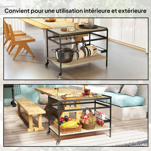 Desserte de jardin chariot pour plancha barbecue en bois et métal avec 2 étagères et 3 crochets - 107 x 65 x 80 cm noir naturel