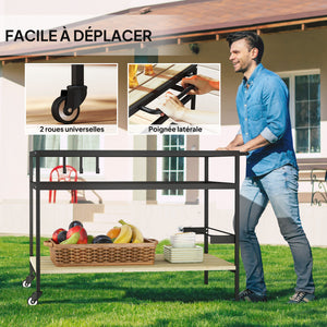 Desserte de jardin chariot pour plancha barbecue en bois et métal avec 2 étagères et 3 crochets - 107 x 65 x 80 cm noir naturel
