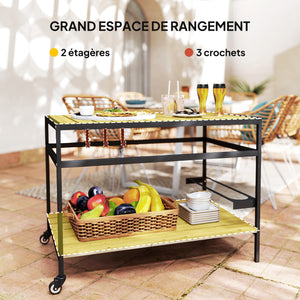 Desserte de jardin chariot pour plancha barbecue en bois et métal avec 2 étagères et 3 crochets - 107 x 65 x 80 cm noir naturel