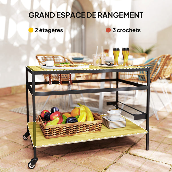 Desserte de jardin chariot pour plancha barbecue en bois et métal avec 2 étagères et 3 crochets - 107 x 65 x 80 cm noir naturel