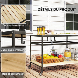 Desserte de jardin chariot pour plancha barbecue en bois et métal avec 2 étagères et 3 crochets - 107 x 65 x 80 cm noir naturel