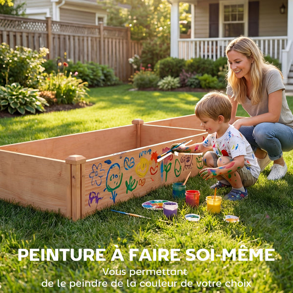 Carré Potager en Bois 234x109x25cm - Lit de Jardin Surélevé 4 Zones de Culture - Jardinière Extérieure à Fond Ouvert avec Montage sans Outil, pour Légumes, Fleurs, Marron Clair