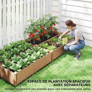 Carré Potager en Bois 234x109x25cm - Lit de Jardin Surélevé 4 Zones de Culture - Jardinière Extérieure à Fond Ouvert avec Montage sans Outil, pour Légumes, Fleurs, Marron Clair