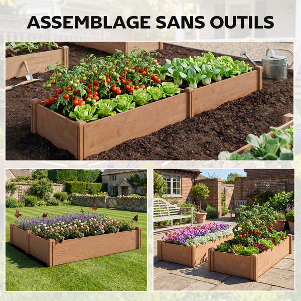 Carré Potager en Bois 234x109x25cm - Lit de Jardin Surélevé 4 Zones de Culture - Jardinière Extérieure à Fond Ouvert avec Montage sans Outil, pour Légumes, Fleurs, Marron Clair