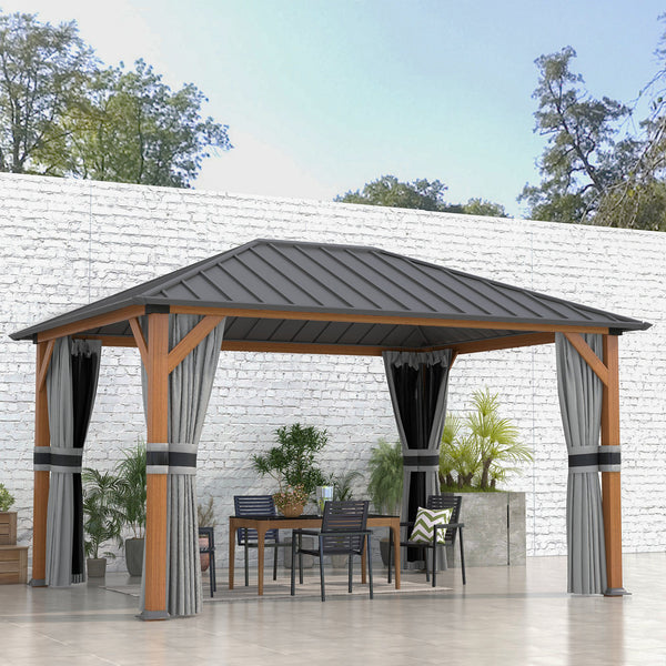 Tonnelle de jardin extérieur 4 x 3 m pavillon de jardin avec toit rigide en métal galvanisé, structure en aluminium, rideaux et moustiquaires, gris et marron