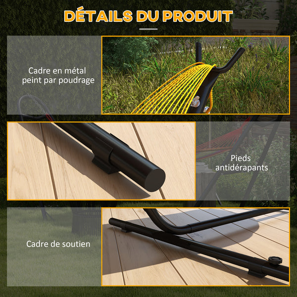 Support Pied de hamac avec porte-gobelet, Structure Robuste métal époxy Noir dim. 305L x 129l x 109H cm, 150kg sans hamac