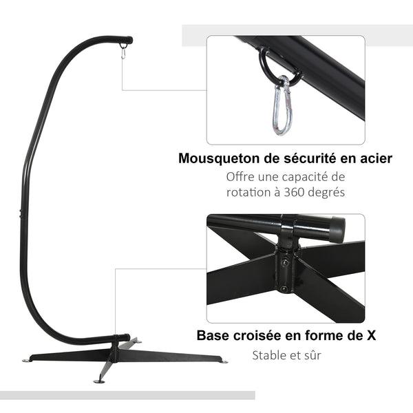 Support de fauteuil suspendu, support chaise suspendue, base en X, cadre en C, boucle à ressort inclus, cadre en métal robuste, charge max.120 kg, 114 x 80 x 208 cm, noir