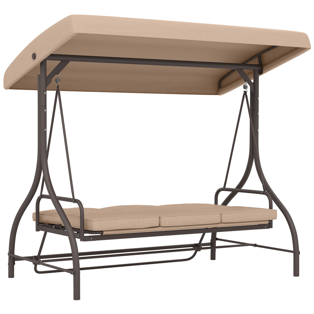 Balancelle de jardin convertible 3 places grand confort avec coussins toit réglable dim. 197L x 120l x 180H cm métal polyester kaki