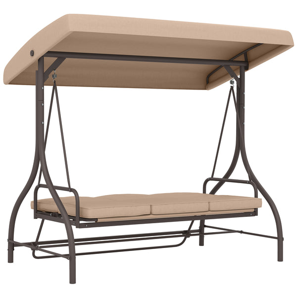Balancelle de jardin convertible 3 places grand confort avec coussins toit réglable dim. 197L x 120l x 180H cm métal polyester kaki