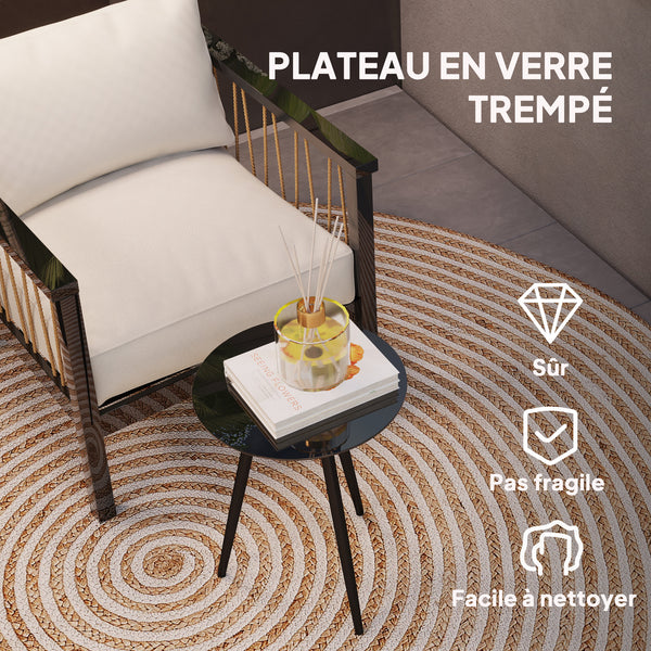 Petite table basse ronde, table d'appoint, plateau en verre trempé, pieds effilés, cadre en acier, table de jardin pour balcon, jardin, terrasse, salon, noir