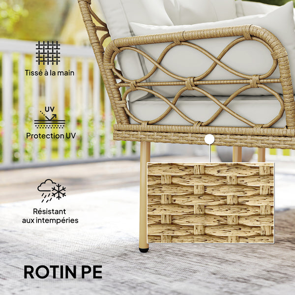 Salon de jardin exterieur 4 personnes 3 pièces avec 1 table basse coussins grand confort inclus résine tressée crème