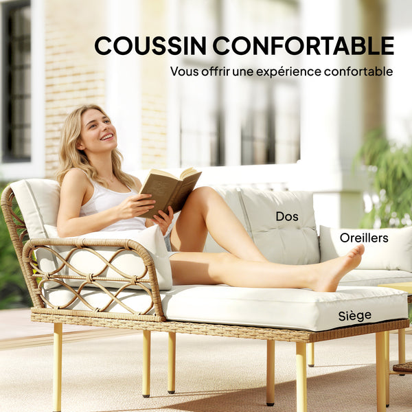 Salon de jardin exterieur 4 personnes 3 pièces avec 1 table basse coussins grand confort inclus résine tressée crème