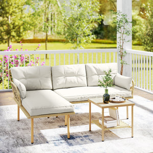 Salon de jardin exterieur 4 personnes 3 pièces avec 1 table basse coussins grand confort inclus résine tressée crème