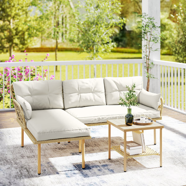 Salon de jardin exterieur 4 personnes 3 pièces avec 1 table basse coussins grand confort inclus résine tressée crème