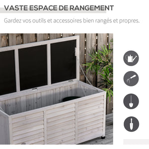 Coffre de rangement extérieur, malle de rangement en bois, 283L, avec petites ouvertures en bas, 2 chaînes, 127 x 56 x 60 cm, gris