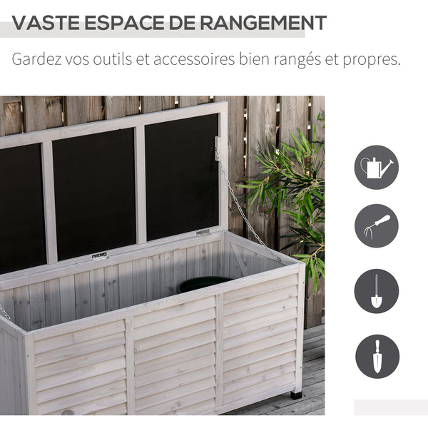 Coffre de rangement extérieur, malle de rangement en bois, 283L, avec petites ouvertures en bas, 2 chaînes, 127 x 56 x 60 cm, gris