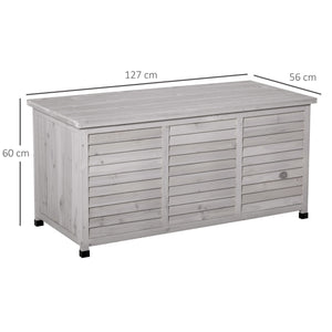 Coffre de rangement extérieur, malle de rangement en bois, 283L, avec petites ouvertures en bas, 2 chaînes, 127 x 56 x 60 cm, gris