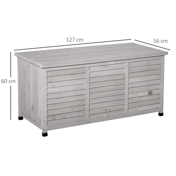 Coffre de rangement extérieur, malle de rangement en bois, 283L, avec petites ouvertures en bas, 2 chaînes, 127 x 56 x 60 cm, gris