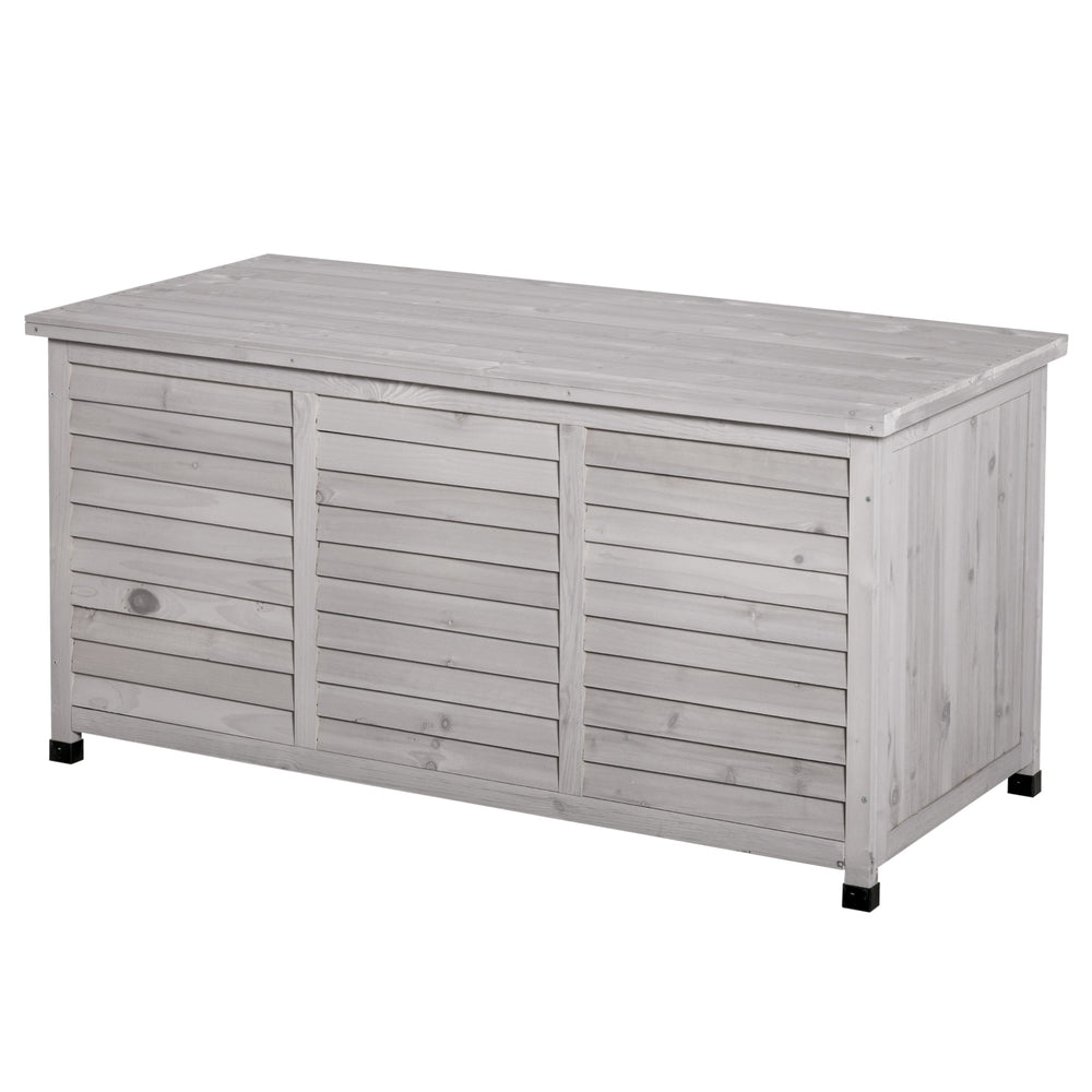 Coffre de rangement extérieur, malle de rangement en bois, 283L, avec petites ouvertures en bas, 2 chaînes, 127 x 56 x 60 cm, gris