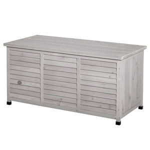 Coffre de rangement extérieur, malle de rangement en bois, 283L, avec petites ouvertures en bas, 2 chaînes, 127 x 56 x 60 cm, gris