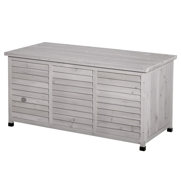 Coffre de rangement extérieur, malle de rangement en bois, 283L, avec petites ouvertures en bas, 2 chaînes, 127 x 56 x 60 cm, gris