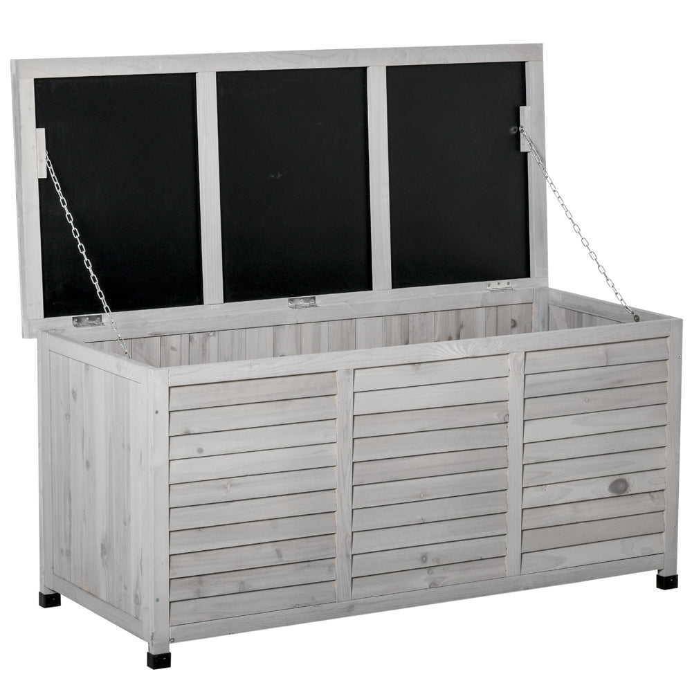 Coffre de rangement extérieur, malle de rangement en bois, 283L, avec petites ouvertures en bas, 2 chaînes, 127 x 56 x 60 cm, gris
