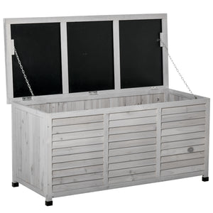 Coffre de rangement extérieur, malle de rangement en bois, 283L, avec petites ouvertures en bas, 2 chaînes, 127 x 56 x 60 cm, gris