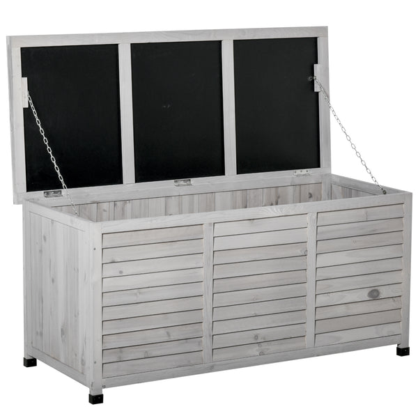 Coffre de rangement extérieur, malle de rangement en bois, 283L, avec petites ouvertures en bas, 2 chaînes, 127 x 56 x 60 cm, gris