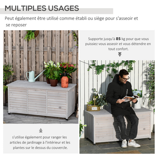 Coffre de rangement extérieur, malle de rangement en bois, 283L, avec petites ouvertures en bas, 2 chaînes, 127 x 56 x 60 cm, gris