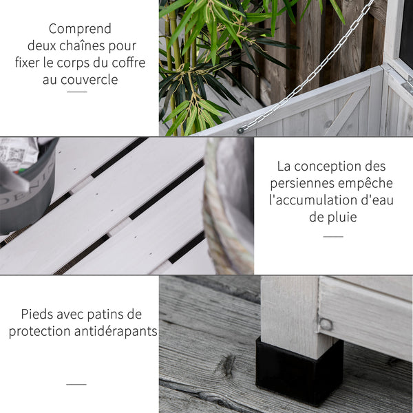 Coffre de rangement extérieur, malle de rangement en bois, 283L, avec petites ouvertures en bas, 2 chaînes, 127 x 56 x 60 cm, gris