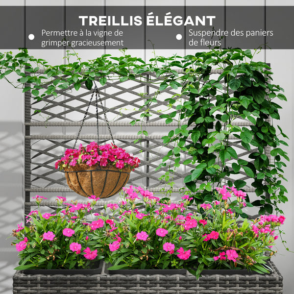 Jardinière pour plantes avec treillis 3 pots bacs à plante jardinière 33L jardin balcon patio terrasse extérieur en résine tressée et acier 84 x 30 x 107 cm gris noir