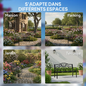 Banc de jardin 3 places terrasse Style Cosy Chic 127L x 60l x 85H cm métal époxy anticorrosion Noir