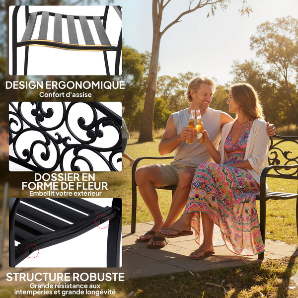 Banc de jardin 3 places terrasse Style Cosy Chic 127L x 60l x 85H cm métal époxy anticorrosion Noir