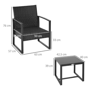Salon de jardin 2 places 3 pièces 2 chaises avec coussins + table basse plateau verre trempé résine tressée 4 fils imitation rotin noir