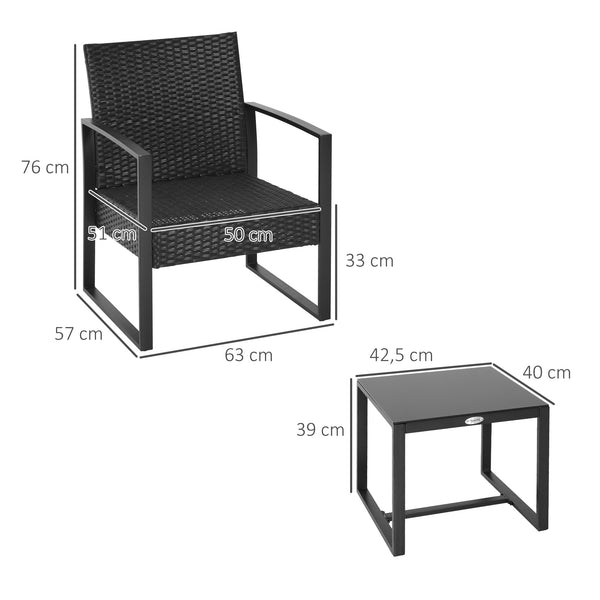 Salon de jardin 2 places 3 pièces 2 chaises avec coussins + table basse plateau verre trempé résine tressée 4 fils imitation rotin noir