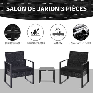 Salon de jardin 2 places 3 pièces 2 chaises avec coussins + table basse plateau verre trempé résine tressée 4 fils imitation rotin noir