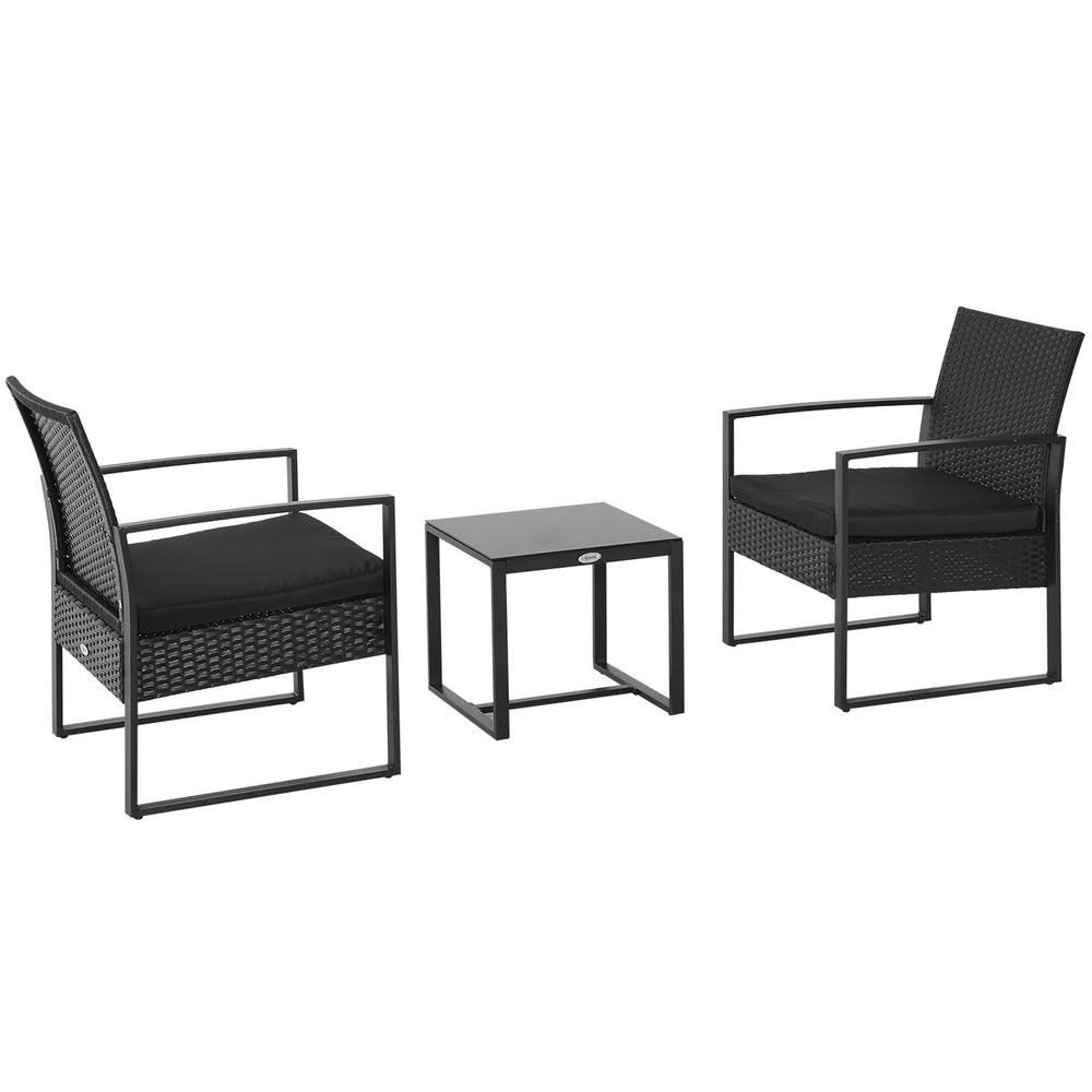 Salon de jardin 2 places 3 pièces 2 chaises avec coussins + table basse plateau verre trempé résine tressée 4 fils imitation rotin noir