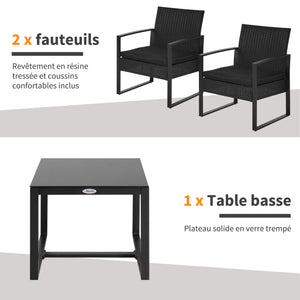 Salon de jardin 2 places 3 pièces 2 chaises avec coussins + table basse plateau verre trempé résine tressée 4 fils imitation rotin noir